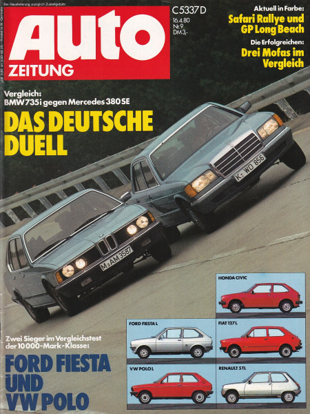 Auto Zeitung 1980 Heft 9 - 16.04.1980 - BMW 735i, Mercedes 380 SE, Honda Civic, Fiat 127 L