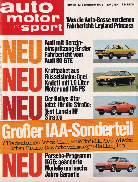 Auto Motor und Sport 1975 Heft 19 - 13.09.1975 - Audi 80 GTE, Lancia HF Stratos, Opel Kadett