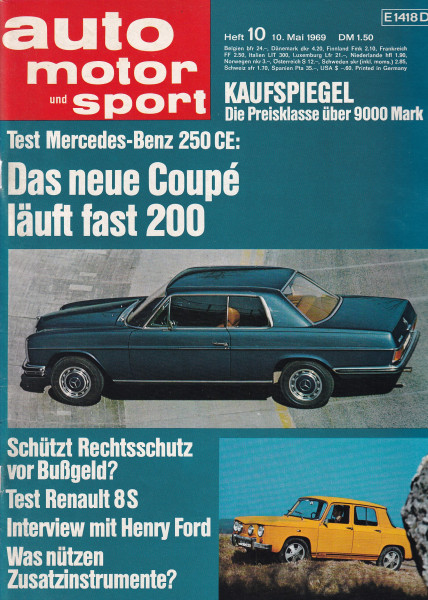 Auto Motor und Sport 1969 Heft 10 - 10.05.1969 - Porsche 917, Mercedes-Benz 250 CE, Fiat 125 Special