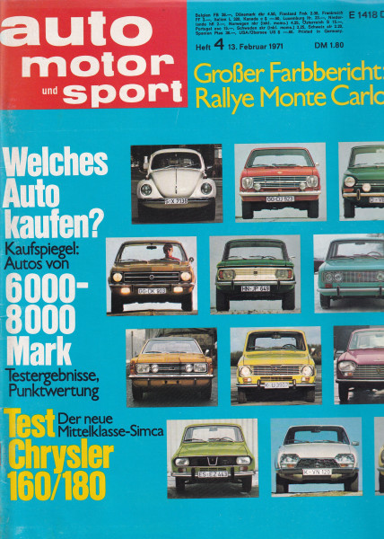 Auto Motor und Sport 1971 Heft 04 - 13.02.1971 - Chrysler 160/180, Volvo 144 GL, Ford GT 70