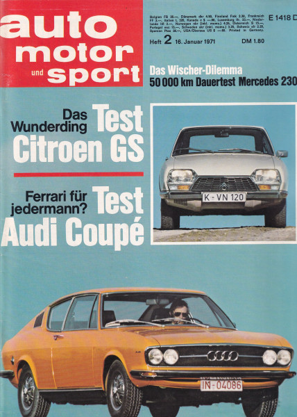 Auto Motor und Sport 1971 Heft 02 - 16.01.1971 - Mercedes 230, Citroen GS, Audi Coupé