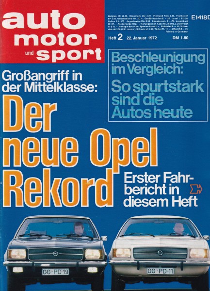 Auto Motor und Sport 1972 Heft 02 - 22.01.1972 - Opel Rekord, Autobianchi A 112 Abarth